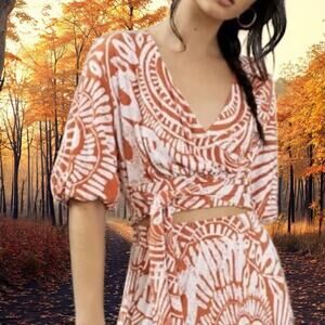 Bodhi Blouse by Anthropologie Orange white  Tropical Wrap Top Size small